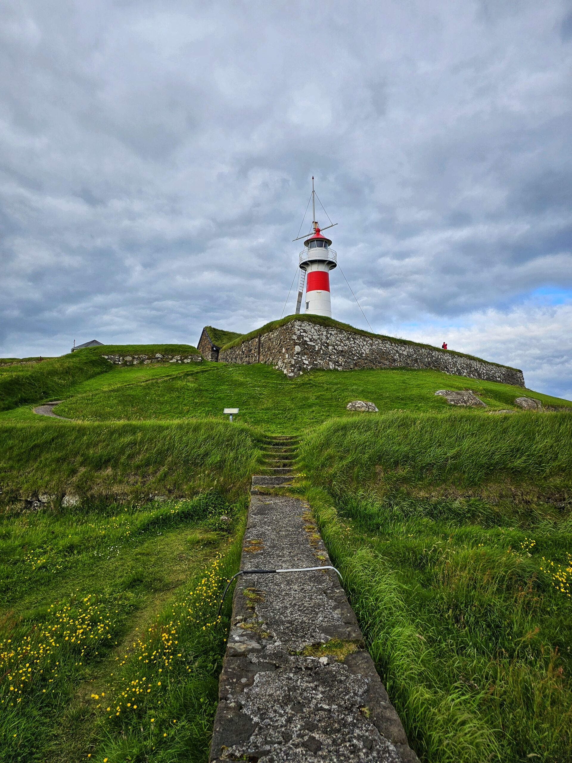 Weiß-roter Leuchtturm auf einer grünen Anhöhe mit Steinweg